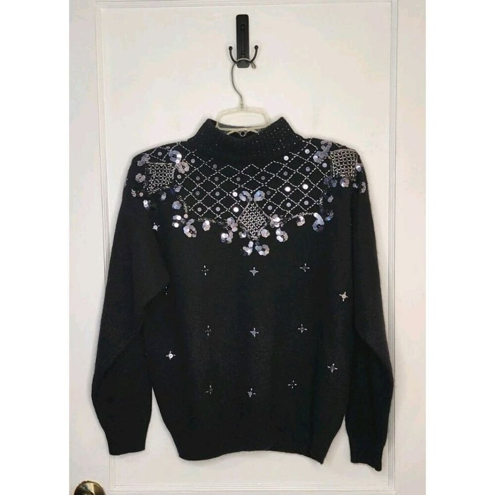 Size Medium Christina Lambswool Angora Black Beaded Turtleneck Sweater